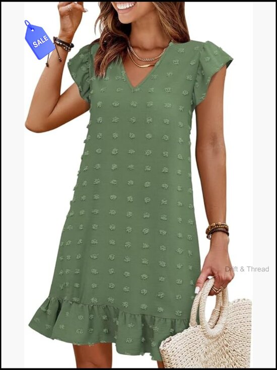 Dresses & Skirts - V-Neck Cap Sleeve Ruffle Hem Smock Short Casual Beach Dress